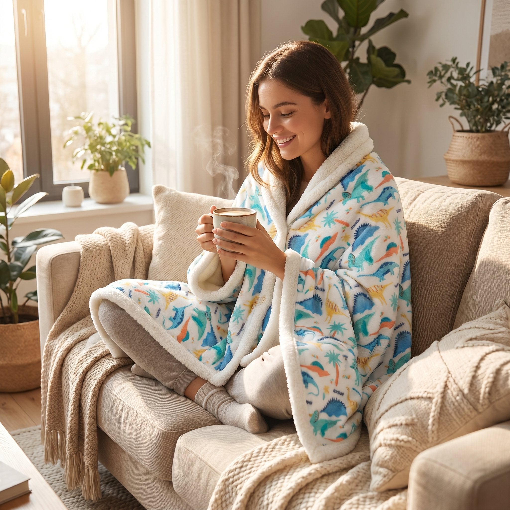 Poncho polaire à capuche motif dinosaures, porté par une femme souriante assise sur un canapé.