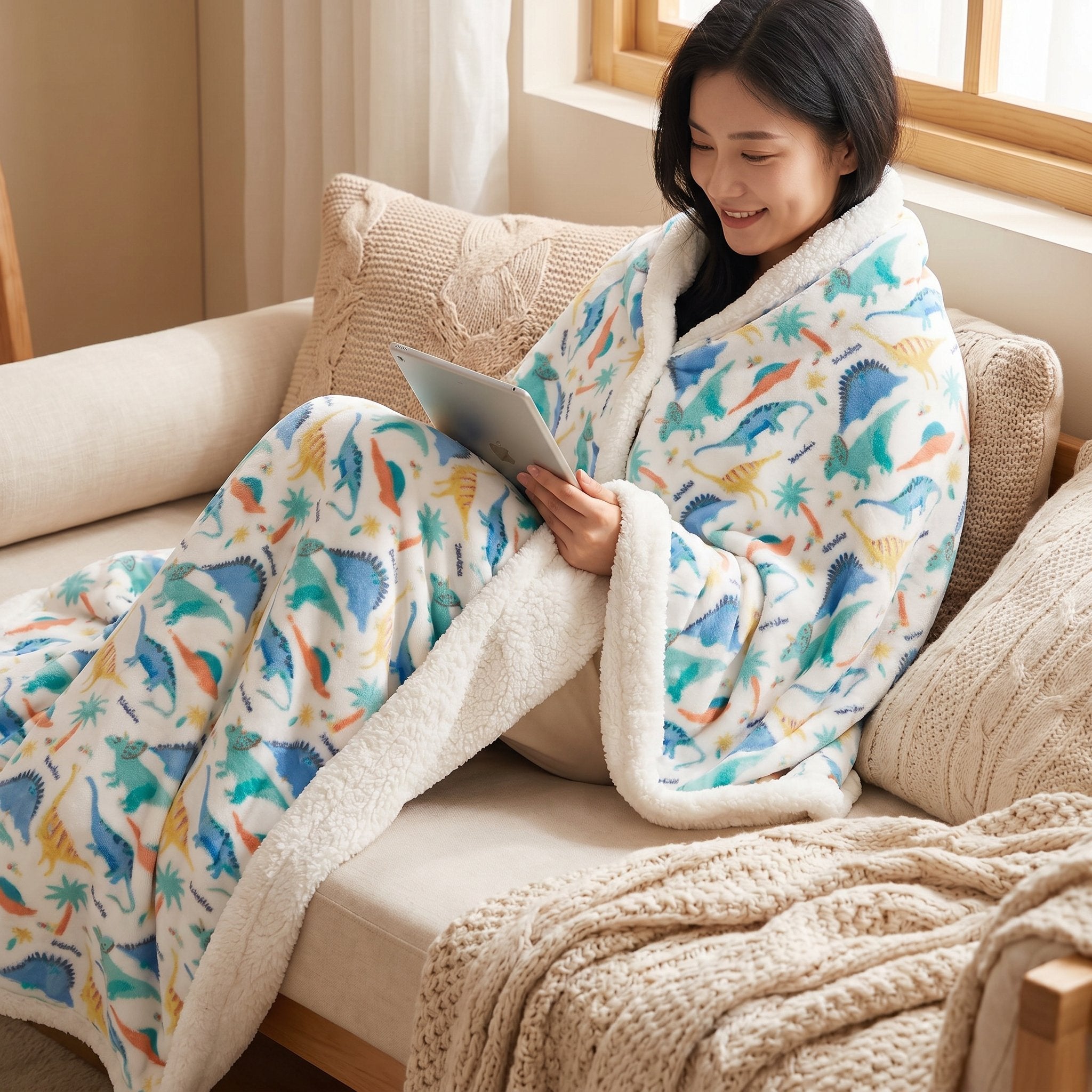 Poncho polaire à capuche motif dinosaures, porté par une femme lisant sur une tablette sur un canapé.
