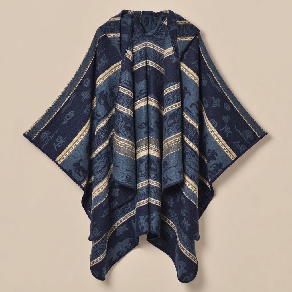 Poncho polaire à capuche motif ethnique marine, posé à plat et vu de face.