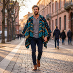 Poncho polaire à capuche motif ethnique bleu turquoise et noir, porté par un homme marchant sur un trottoir ensoleillé.