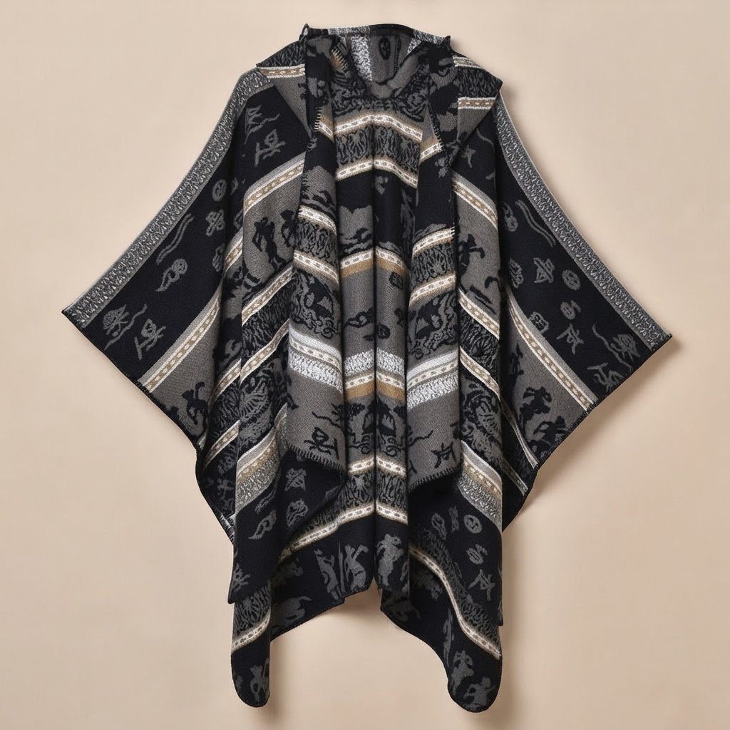 Poncho polaire à capuche motif ethnique noir, présenté déplié sur un fond uni.