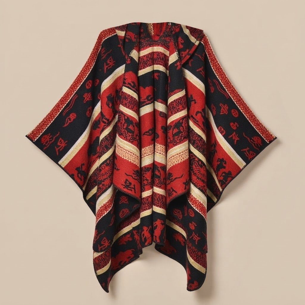 Poncho polaire à capuche motif ethnique rouge, vue d'ensemble du vêtement plié.