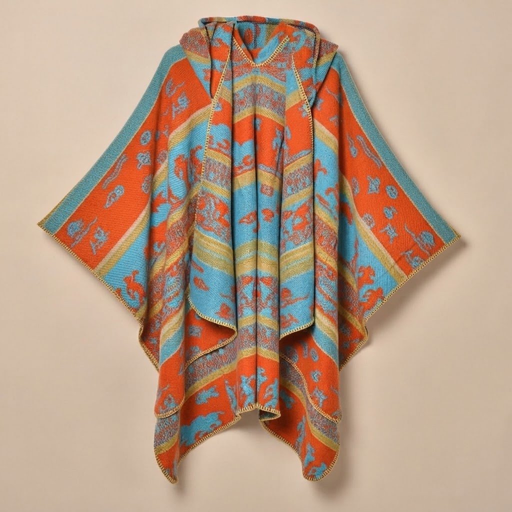 Poncho polaire à capuche motif ethnique orange et bleu, étalé sur une surface claire.