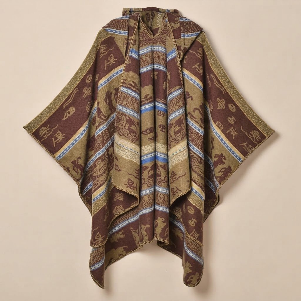 Poncho polaire à capuche motif ethnique marron, vue frontale du poncho sur fond neutre.
