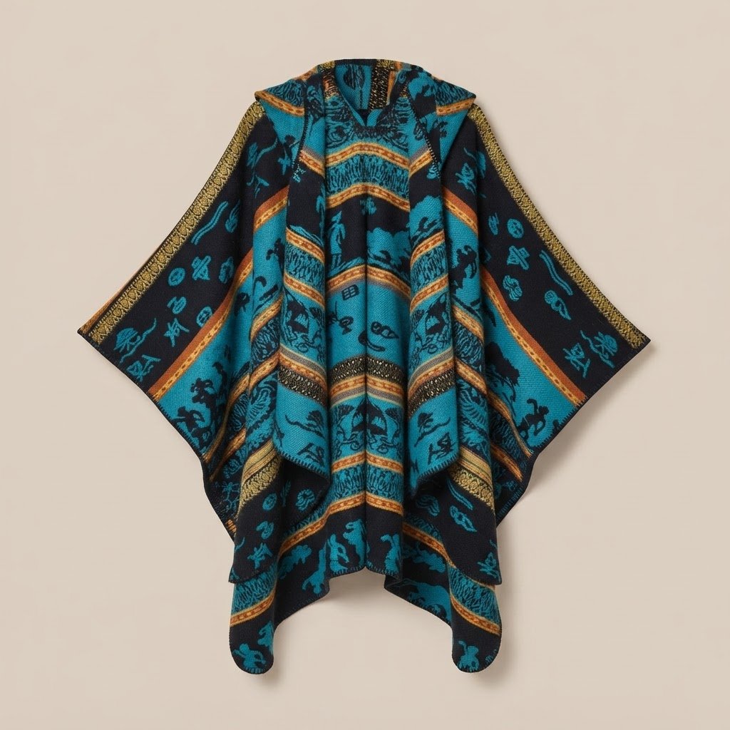 Poncho polaire à capuche motif ethnique bleu turquoise et noir, présenté de face, avec ses motifs visibles.