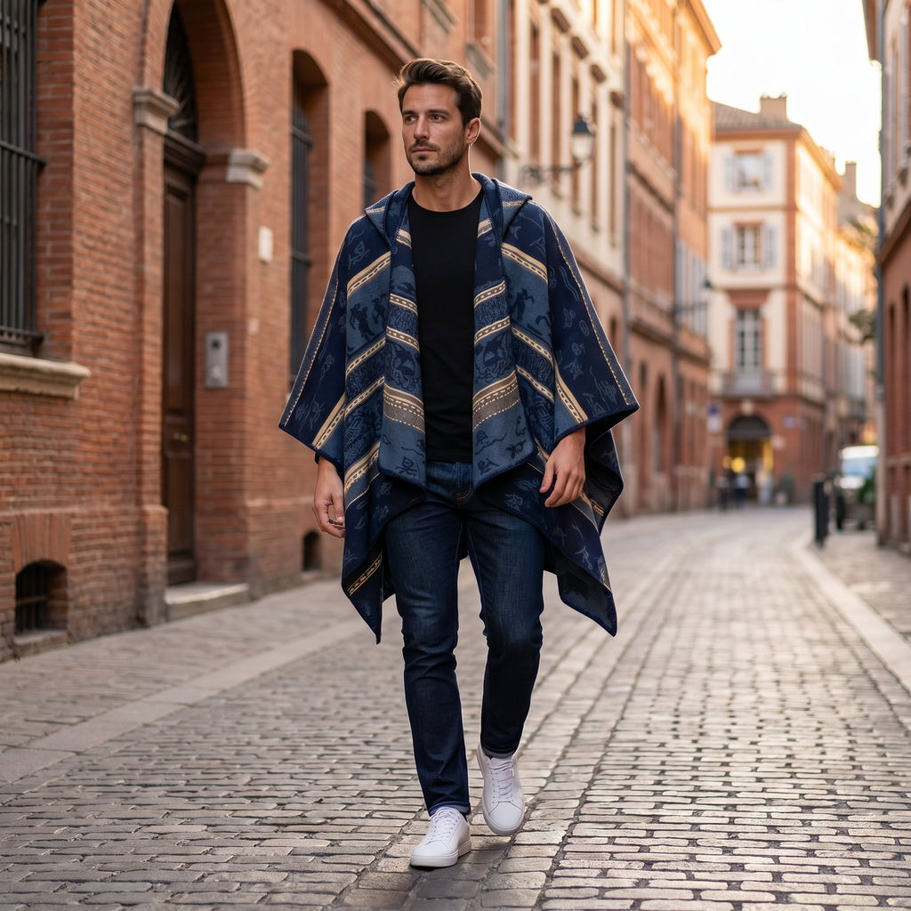 Poncho polaire à capuche motif ethnique marine, porté par un homme marchant dans une rue pavée.