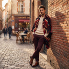 Poncho polaire à capuche motif ethnique rouge, porté par un homme appuyé contre un mur de briques.