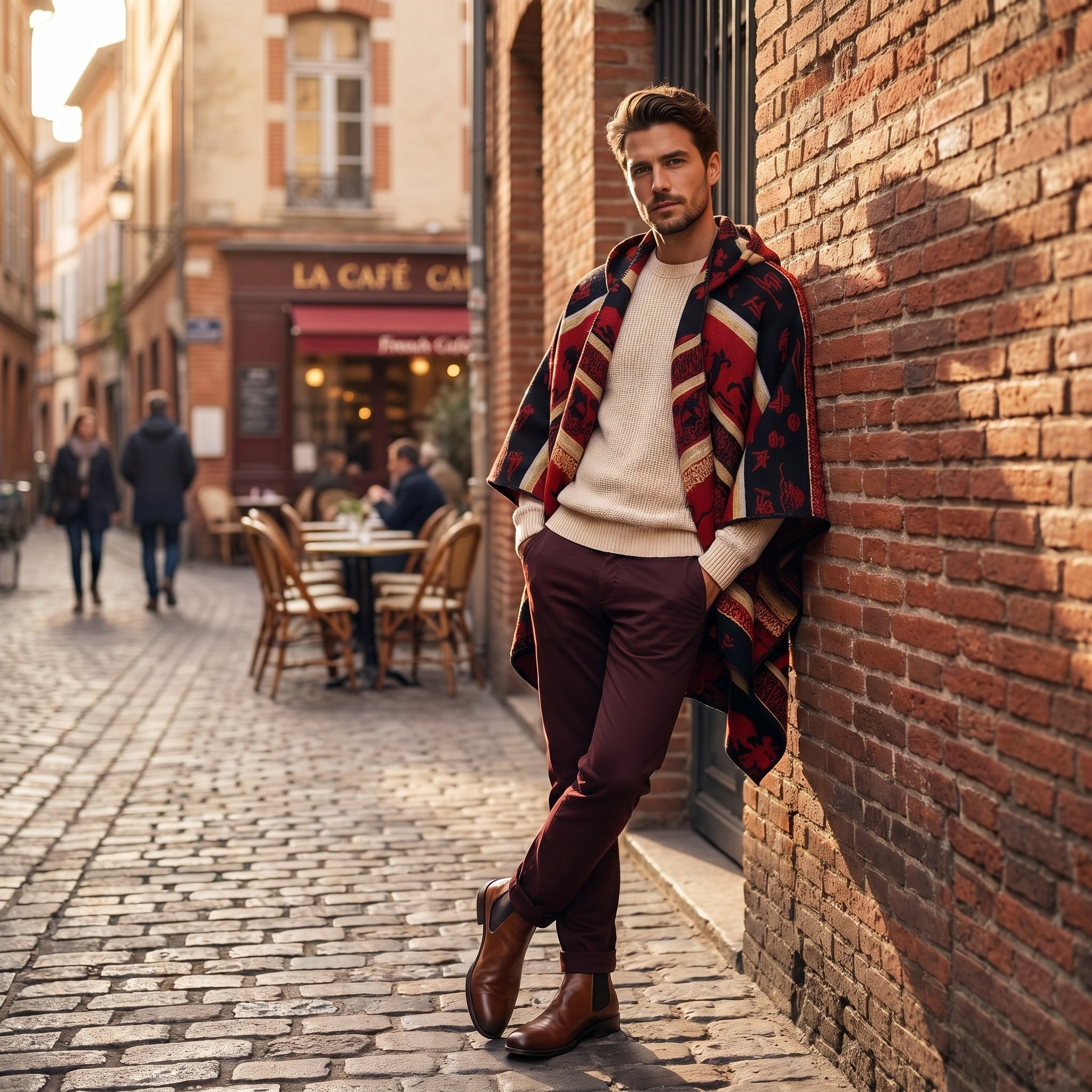 Poncho polaire à capuche motif ethnique rouge, porté par un homme appuyé contre un mur de briques.