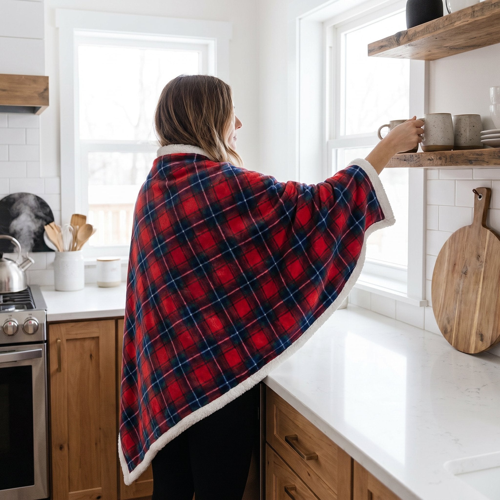 Poncho polaire tartan rouge et bleu vu de dos sur une femme prenant une tasse dans une cuisine lumineuse.