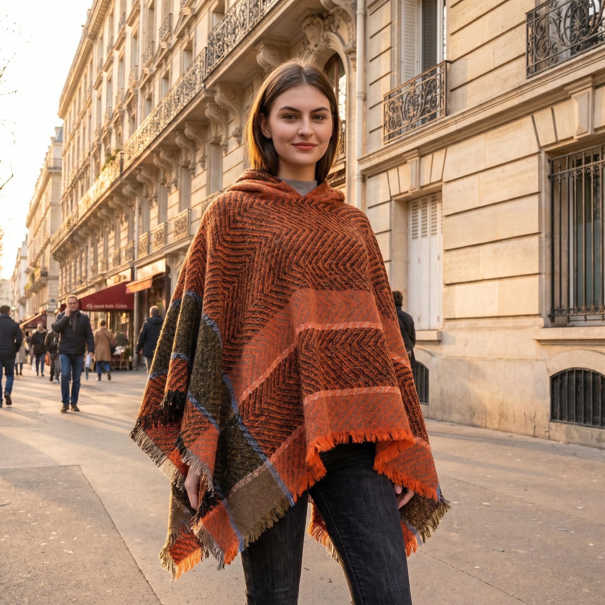 Poncho pull femme à capuche cuivre, porté par une femme souriante, vue de face en extérieur.
