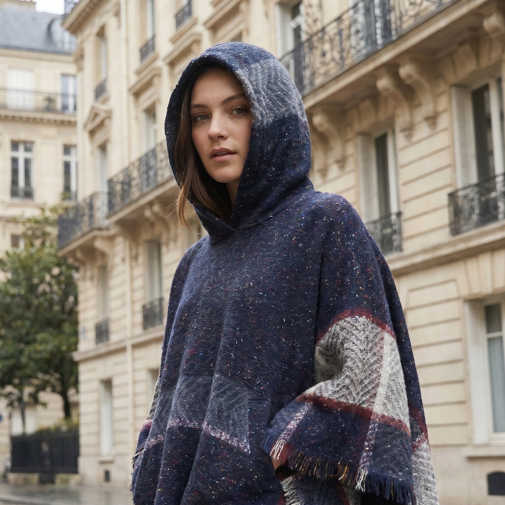 Poncho pull femme à capuche marine, porté par une femme en gros plan, la capuche relevée.
