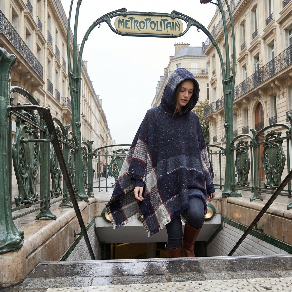 Poncho pull femme à capuche marine, porté par une femme descendant des escaliers extérieurs.