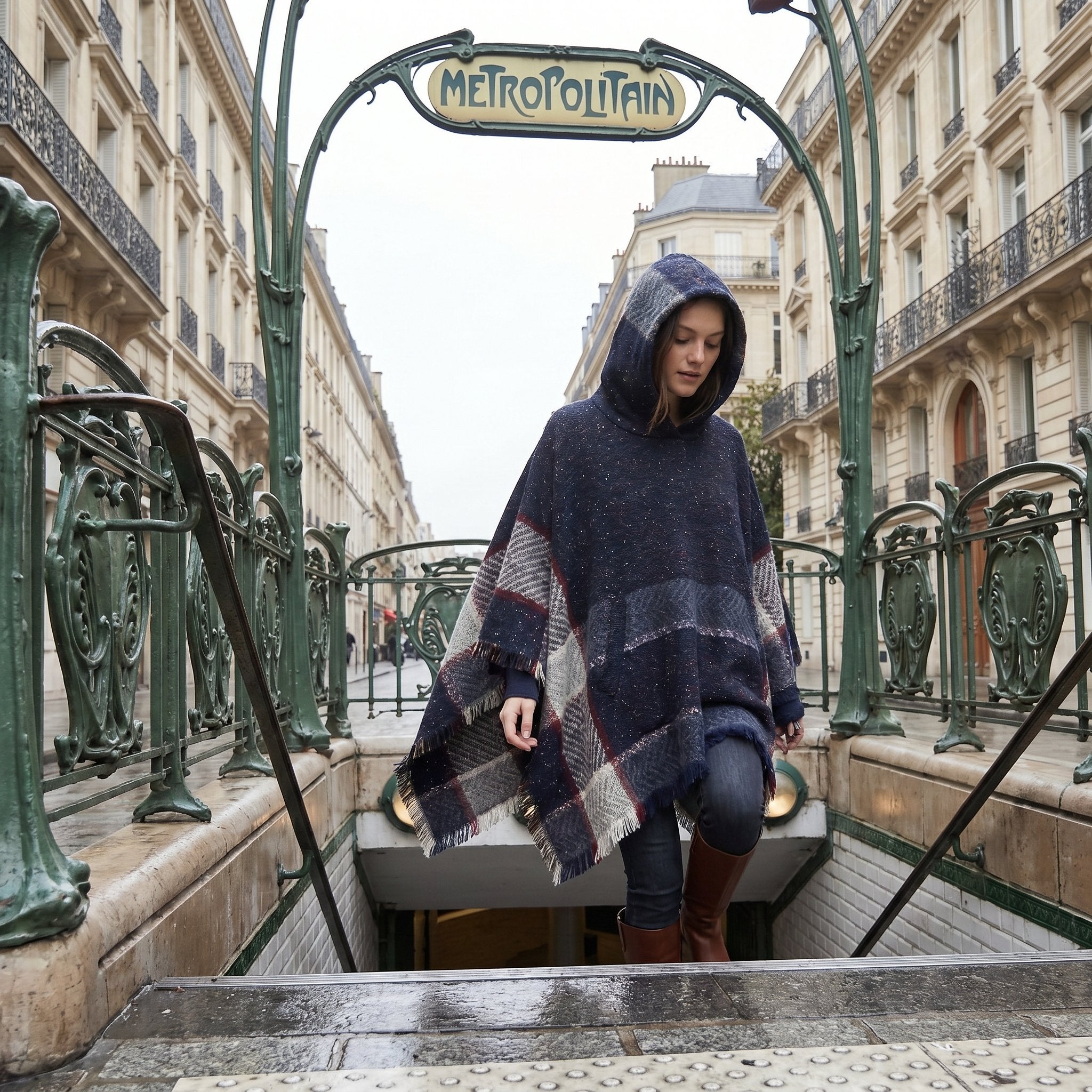 Poncho pull femme à capuche marine, porté par une femme descendant des escaliers extérieurs.