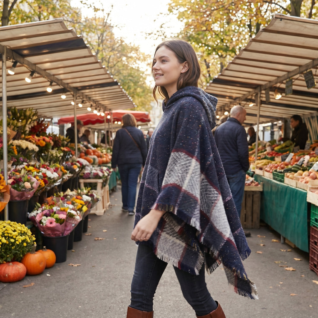 Poncho pull femme à capuche marine, porté par une femme marchant de profil dans un marché.