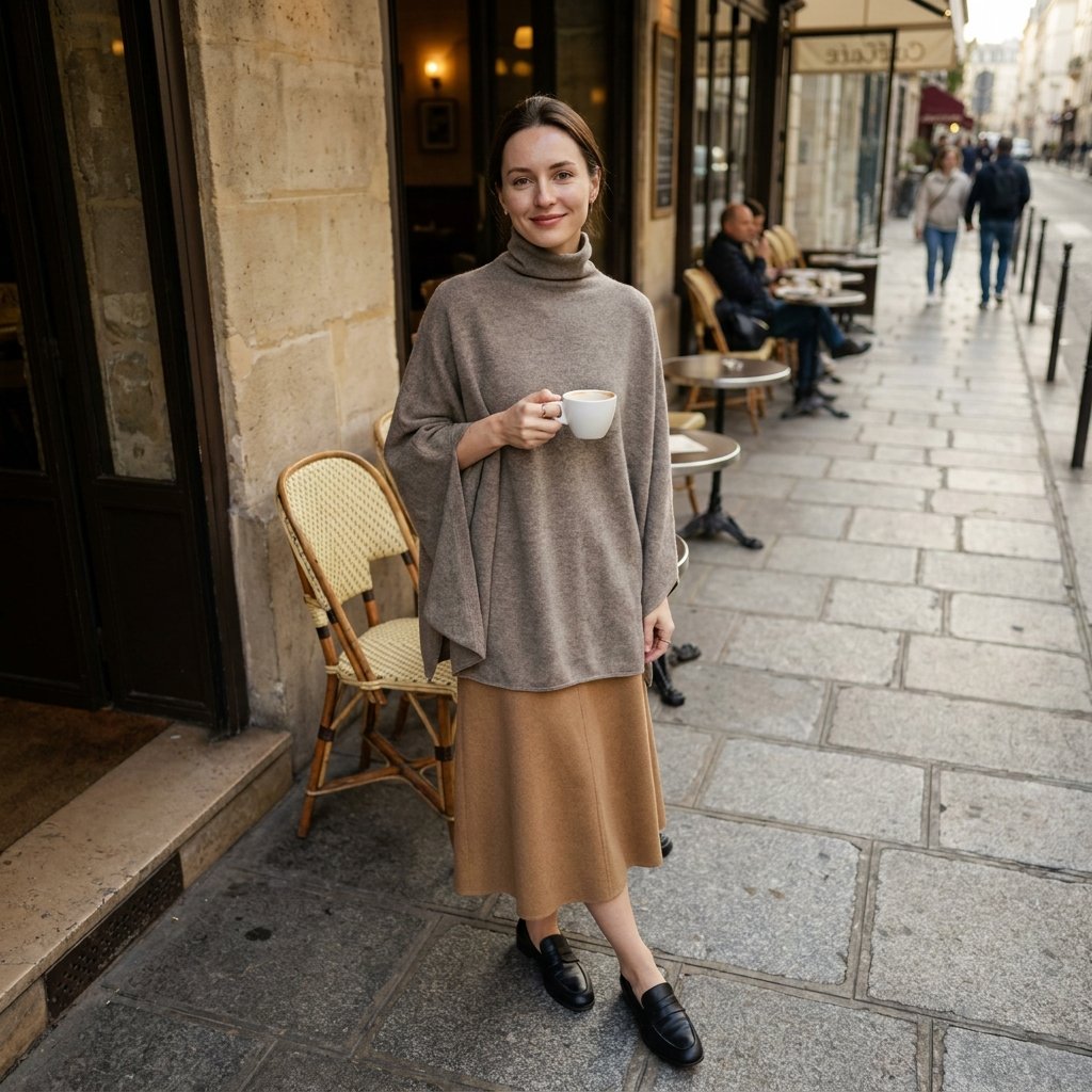 Poncho pull femme marron, porté par une femme souriante devant un café, tenant une tasse.