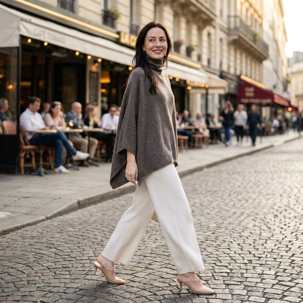Poncho pull femme marron, porté par une femme souriante marchant sur des pavés.