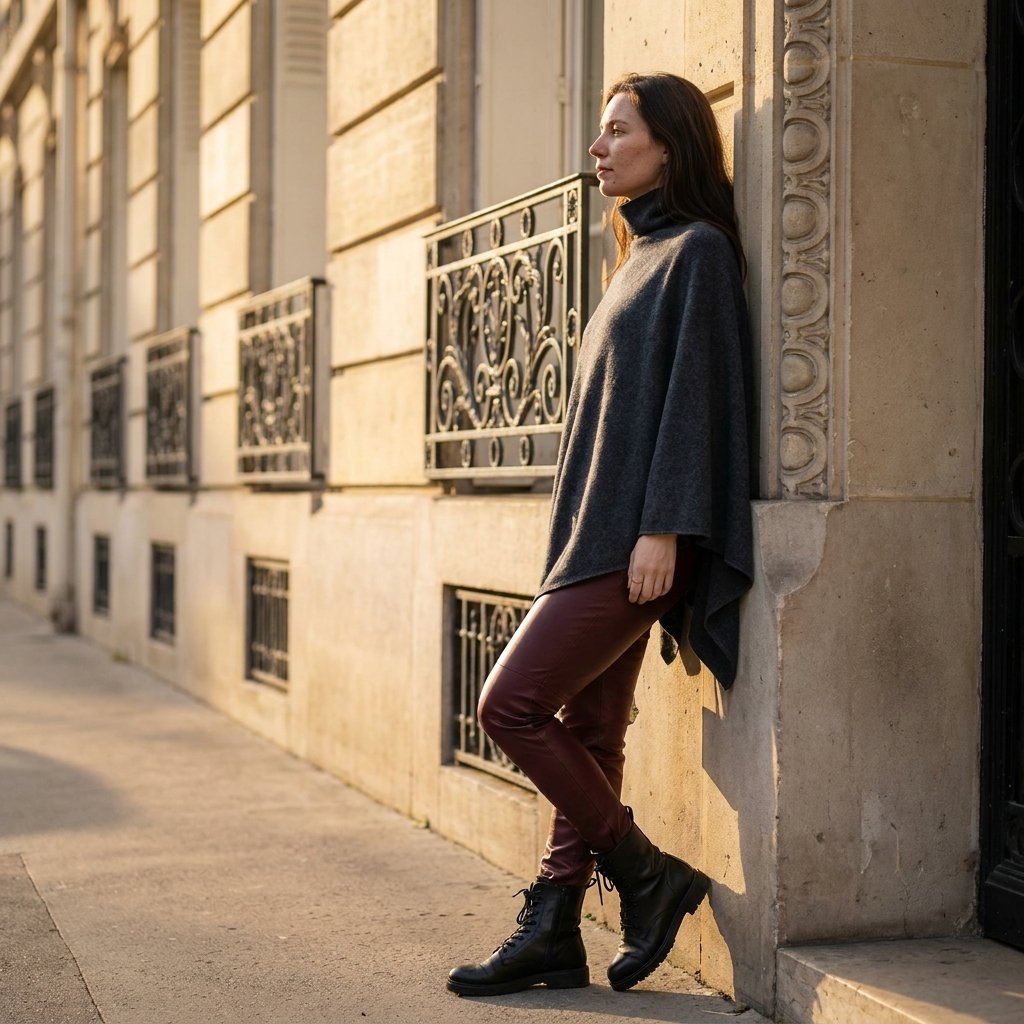 Poncho pull femme anthracite, porté par une femme de profil appuyée contre un mur.
