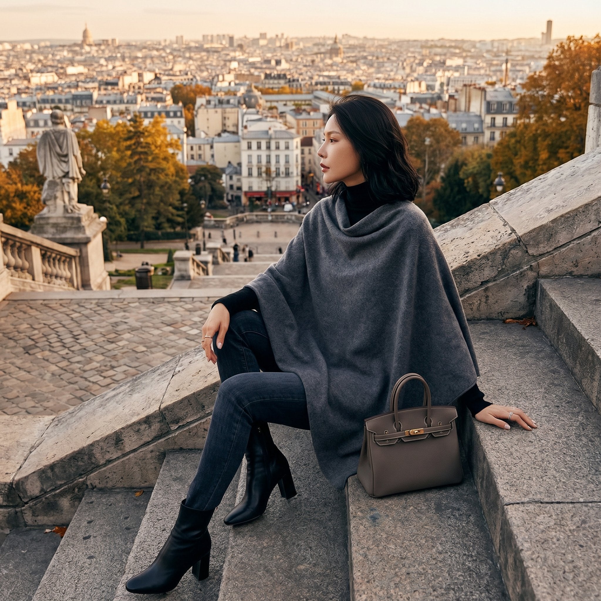 Poncho pull femme gris foncé porté par une femme assise sur des marches en pierre.