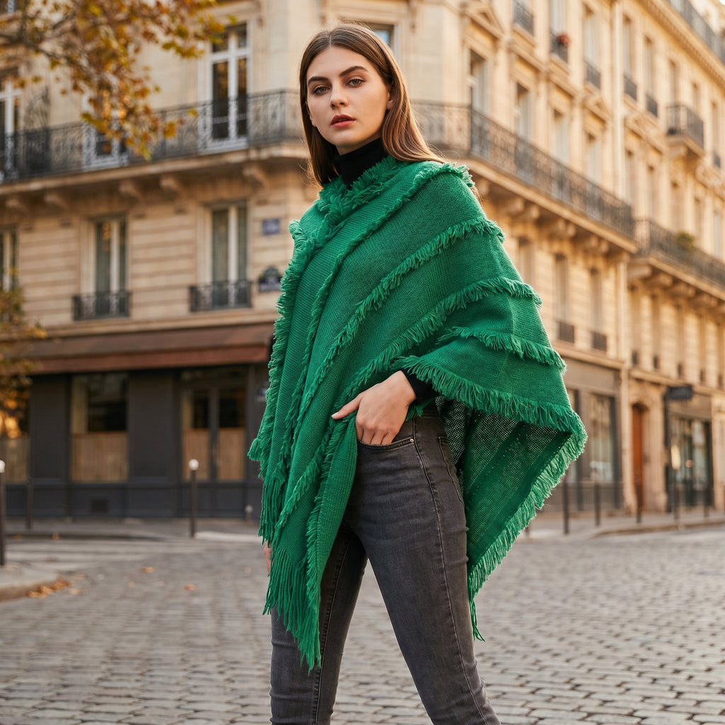 Poncho pull femme col roulé vert, porté par une femme debout dans une rue pavée.