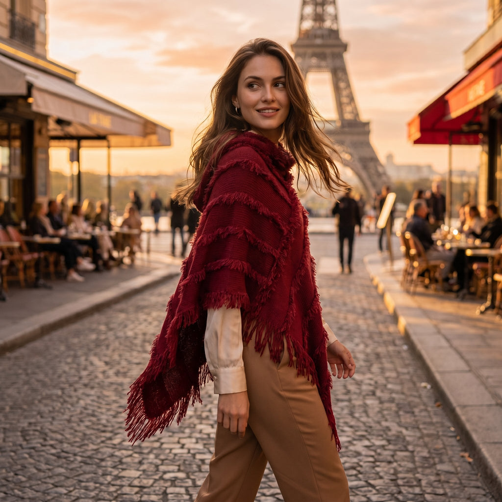 Poncho pull femme col roulé rouge, porté par une femme marchant et regardant en arrière.