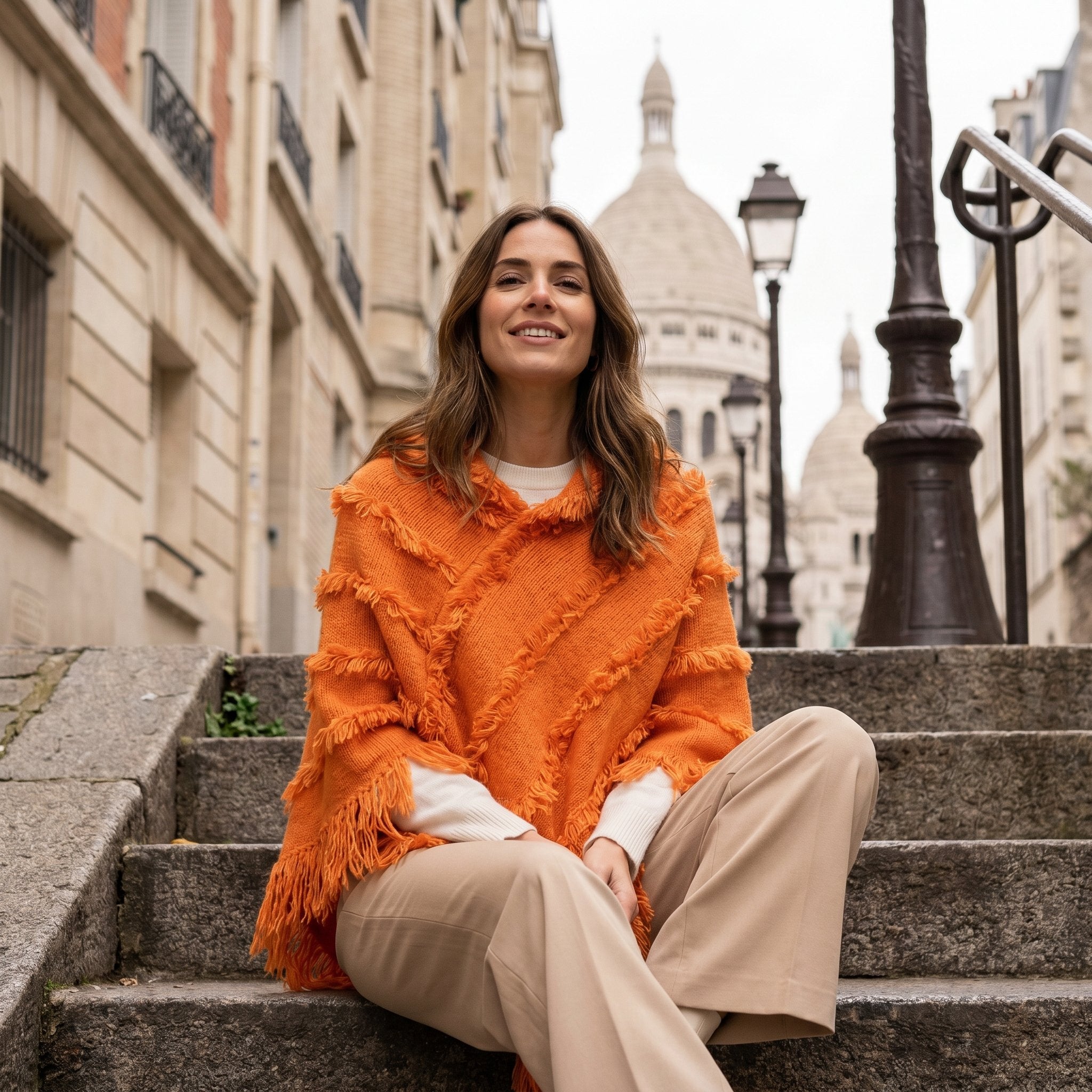 Poncho pull femme col roulé orange, porté par une femme assise sur des marches en pierre.