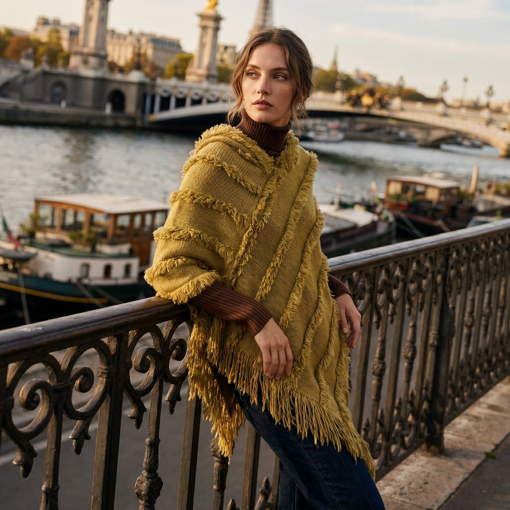Poncho pull femme col roulé moutarde, porté par une femme appuyée sur une balustrade.