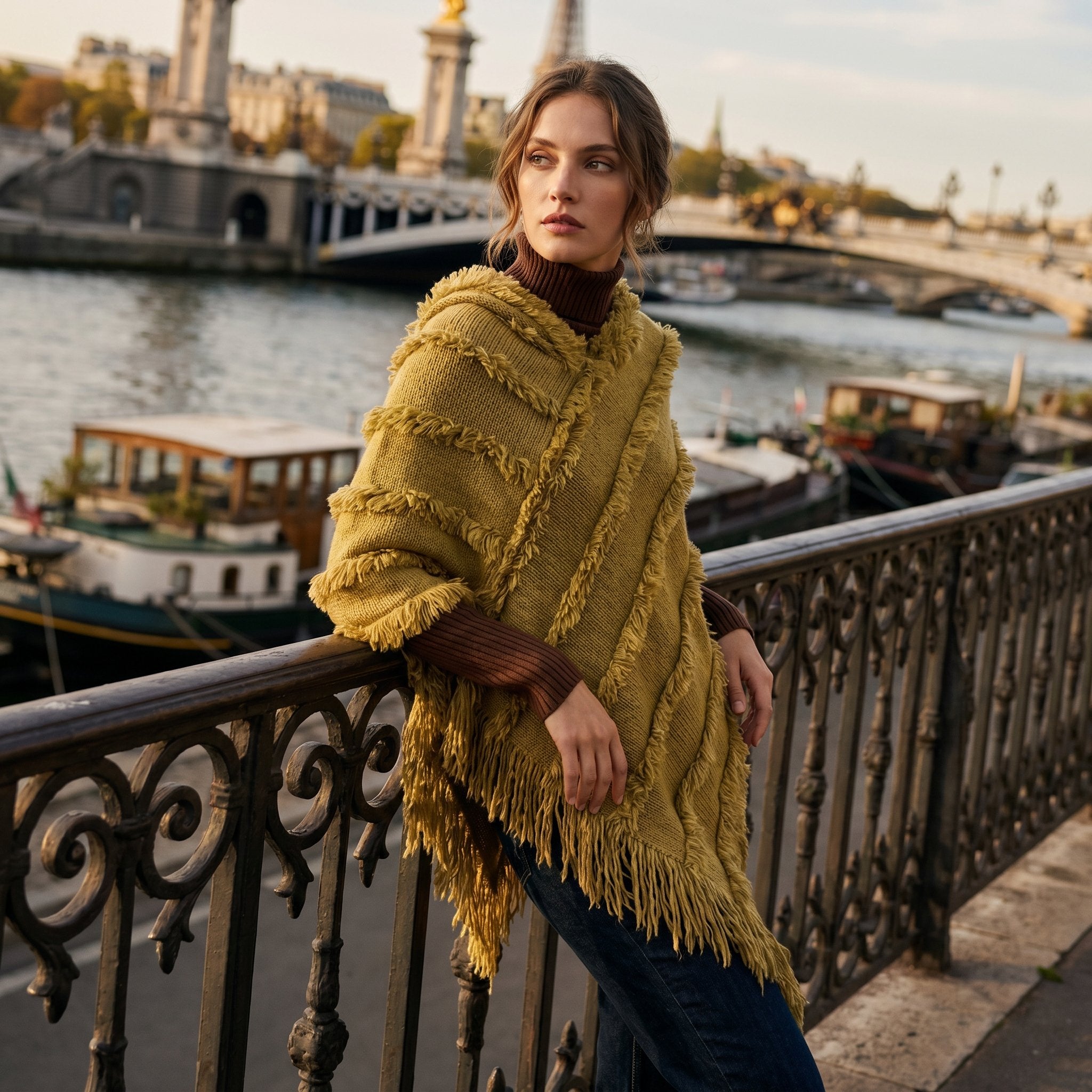 Poncho pull femme col roulé moutarde, porté par une femme appuyée sur une balustrade.