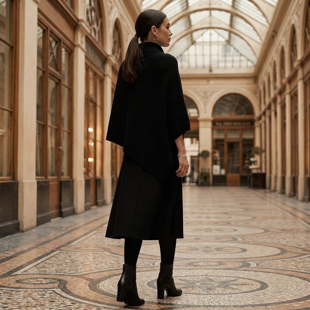 Poncho pull femme col roulé noir, vu de dos, porté par une femme marchant dans une galerie couverte.