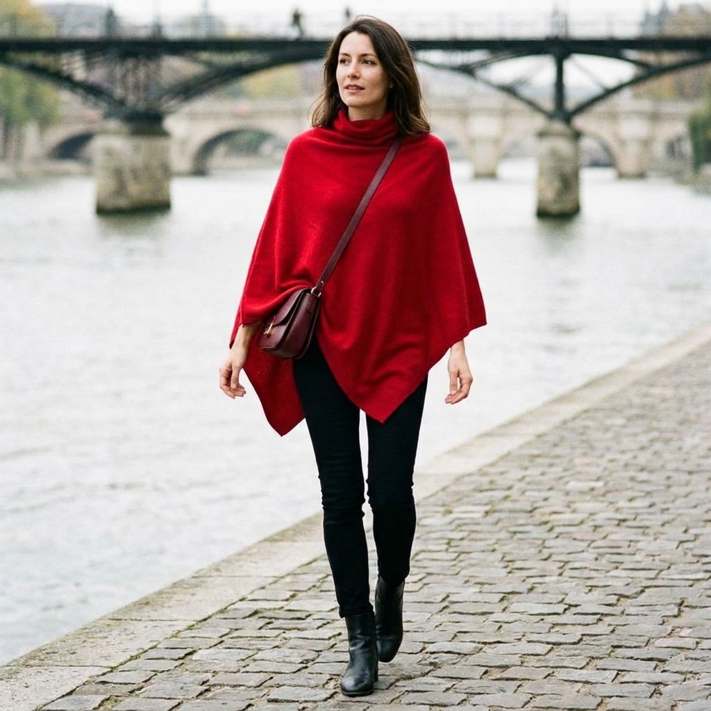 Poncho pull femme col roulé rouge, porté par une femme marchant au bord de l'eau avec un pont en arrière-plan.