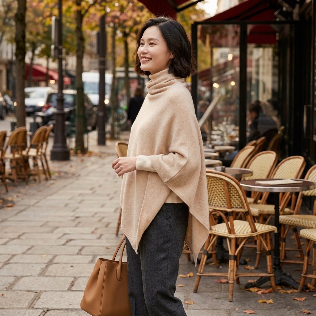 Poncho pull femme col roulé sable, porté par une femme souriante de profil devant une terrasse de café.