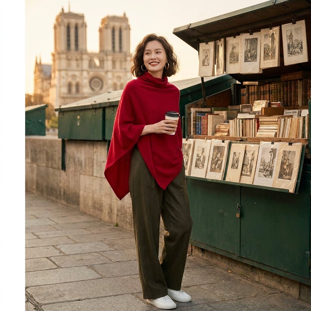 Poncho pull femme col roulé rouge, porté par une femme tenant une tasse, posant devant un étal de livres.