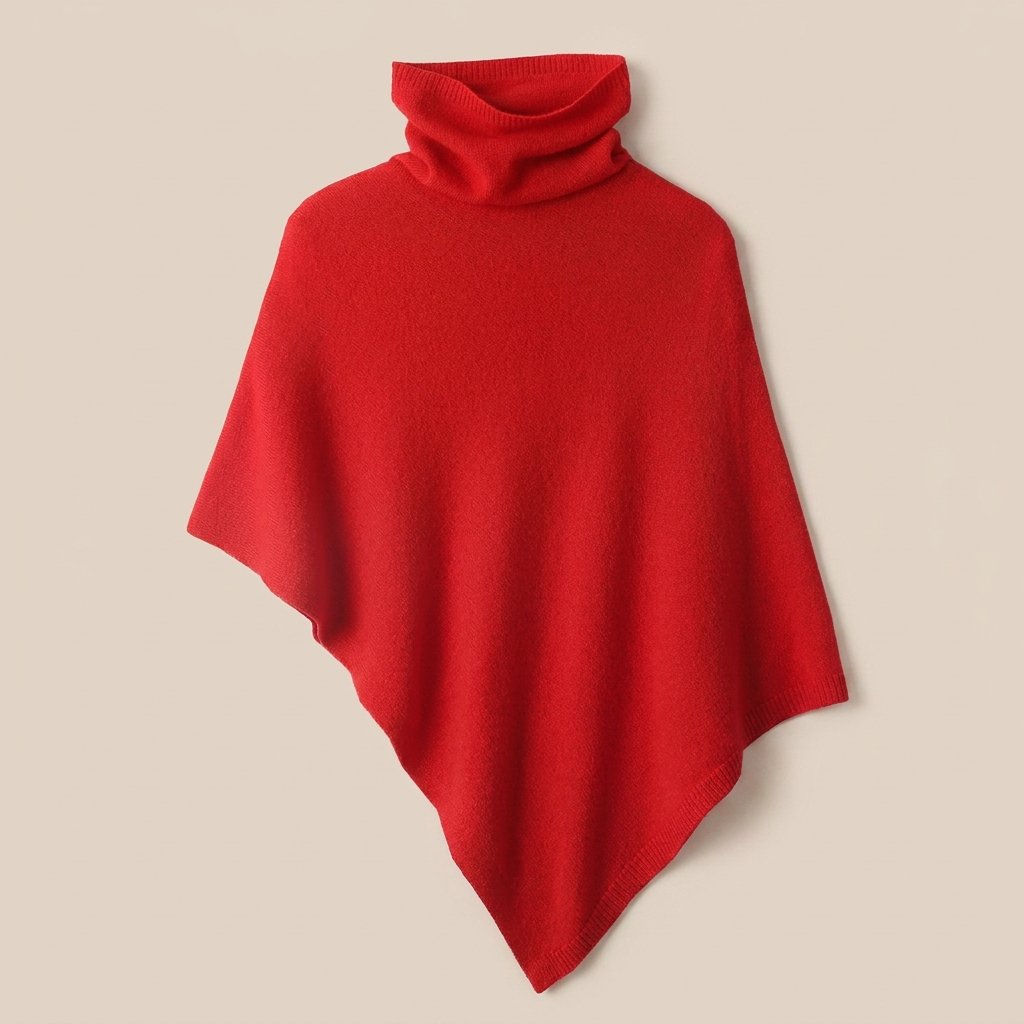 Poncho pull femme col roulé rouge, avec son col roulé bien visible et ses plis naturels.