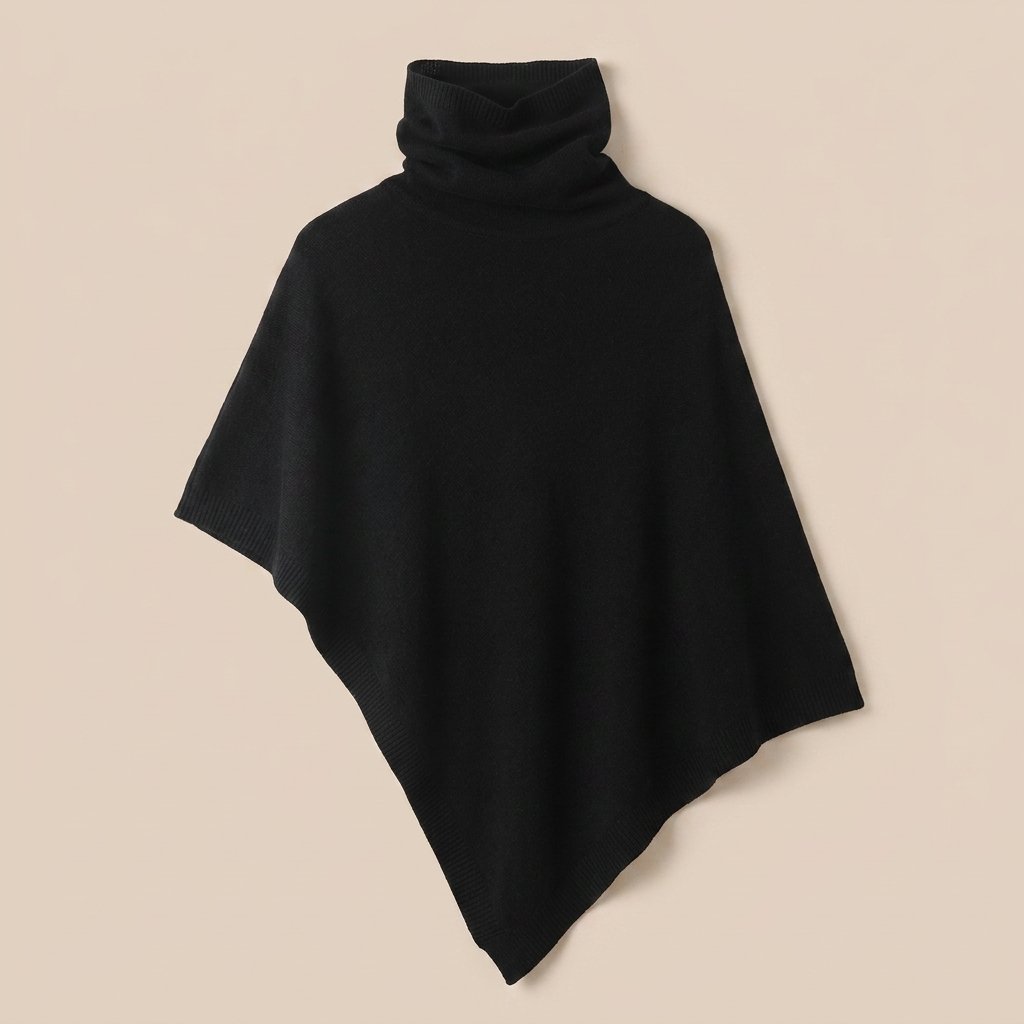 Poncho pull femme col roulé noir, mis en valeur par un éclairage doux sur un fond clair.