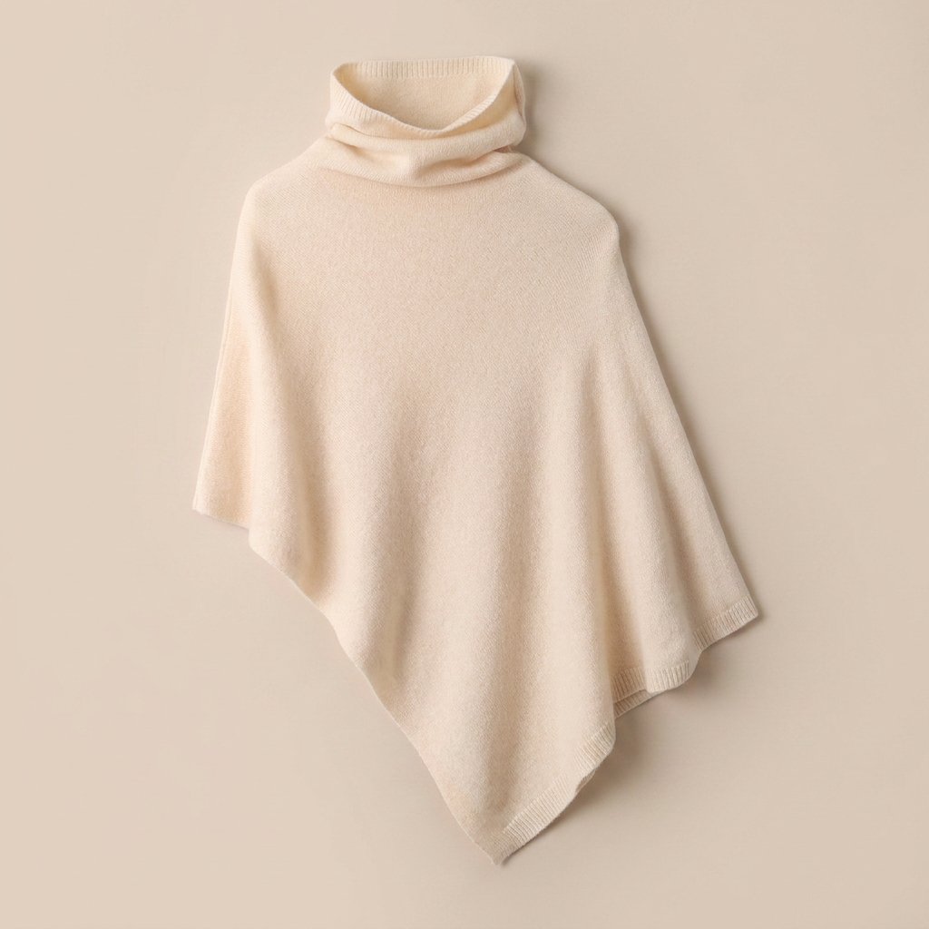 Poncho pull femme col roulé crème, posé à plat, montrant la finesse de son tricot.