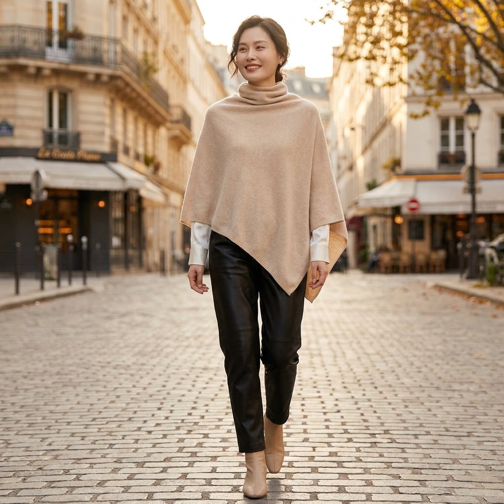 Poncho pull femme col roulé sable, porté par une femme souriante marchant sur une rue pavée.