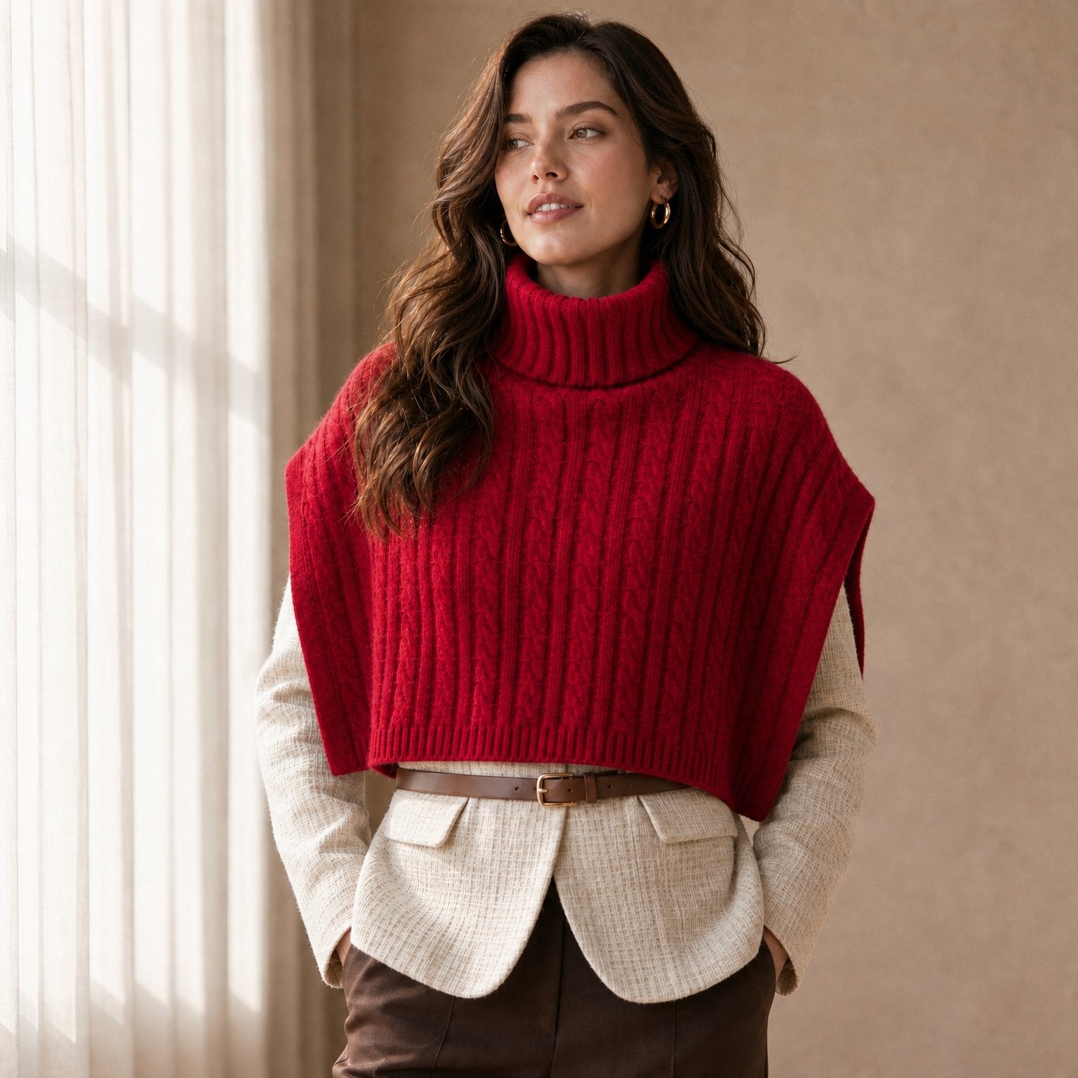 Poncho pull femme maille torsadée rouge, porté par une femme en intérieur, cadrage mi-corps.