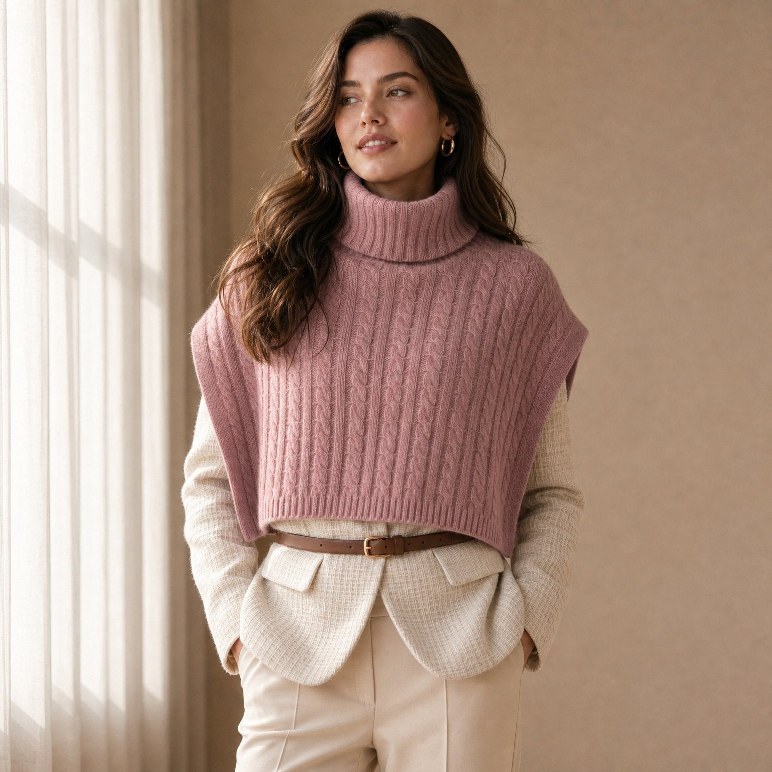 Poncho pull femme maille torsadée rose, porté par une femme en intérieur, vue frontale.