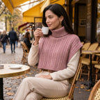 Poncho pull femme maille torsadée rose, porté par une femme assise à une terrasse de café.