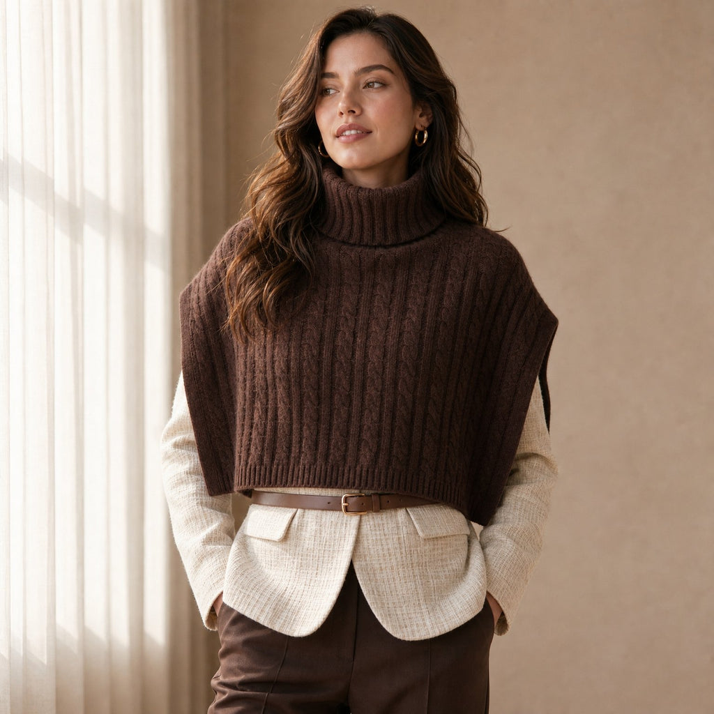 Poncho pull femme maille torsadée marron, porté par une femme en intérieur, vue de face.