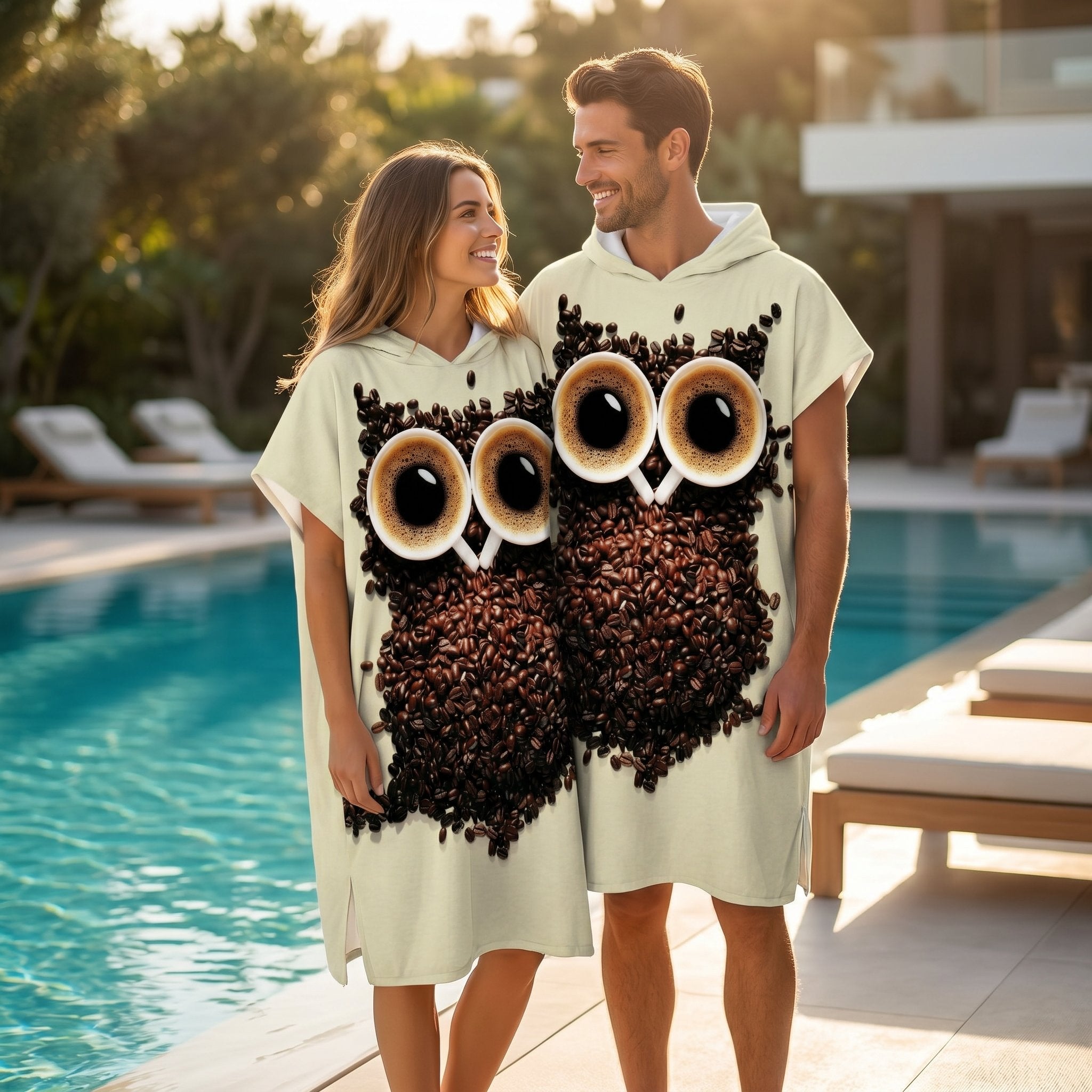 Poncho serviette à capuche adulte Chouette café porté au bord de la piscine