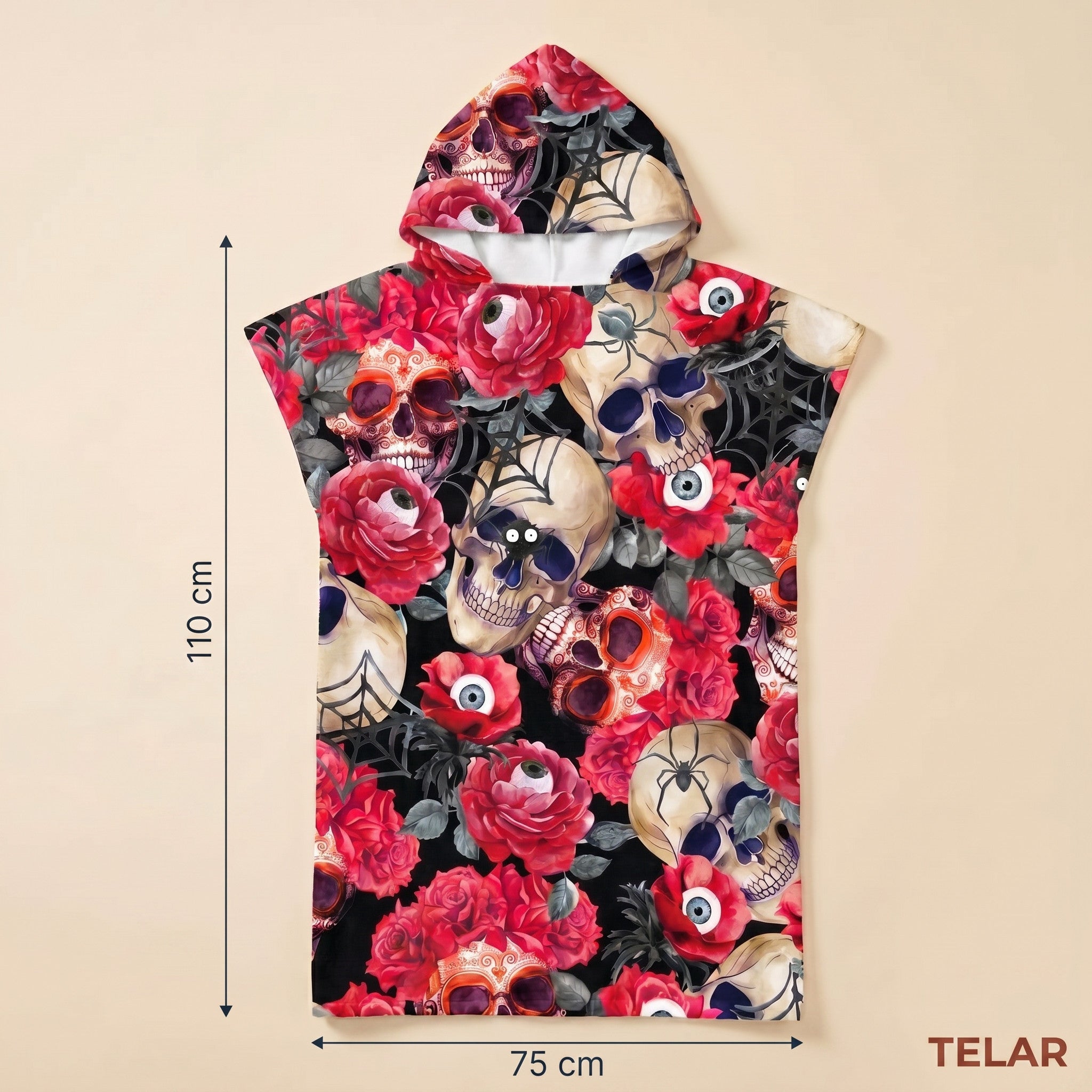 Poncho serviette à capuche adulte Crânes et roses : dimensions 75 x 110 cm
