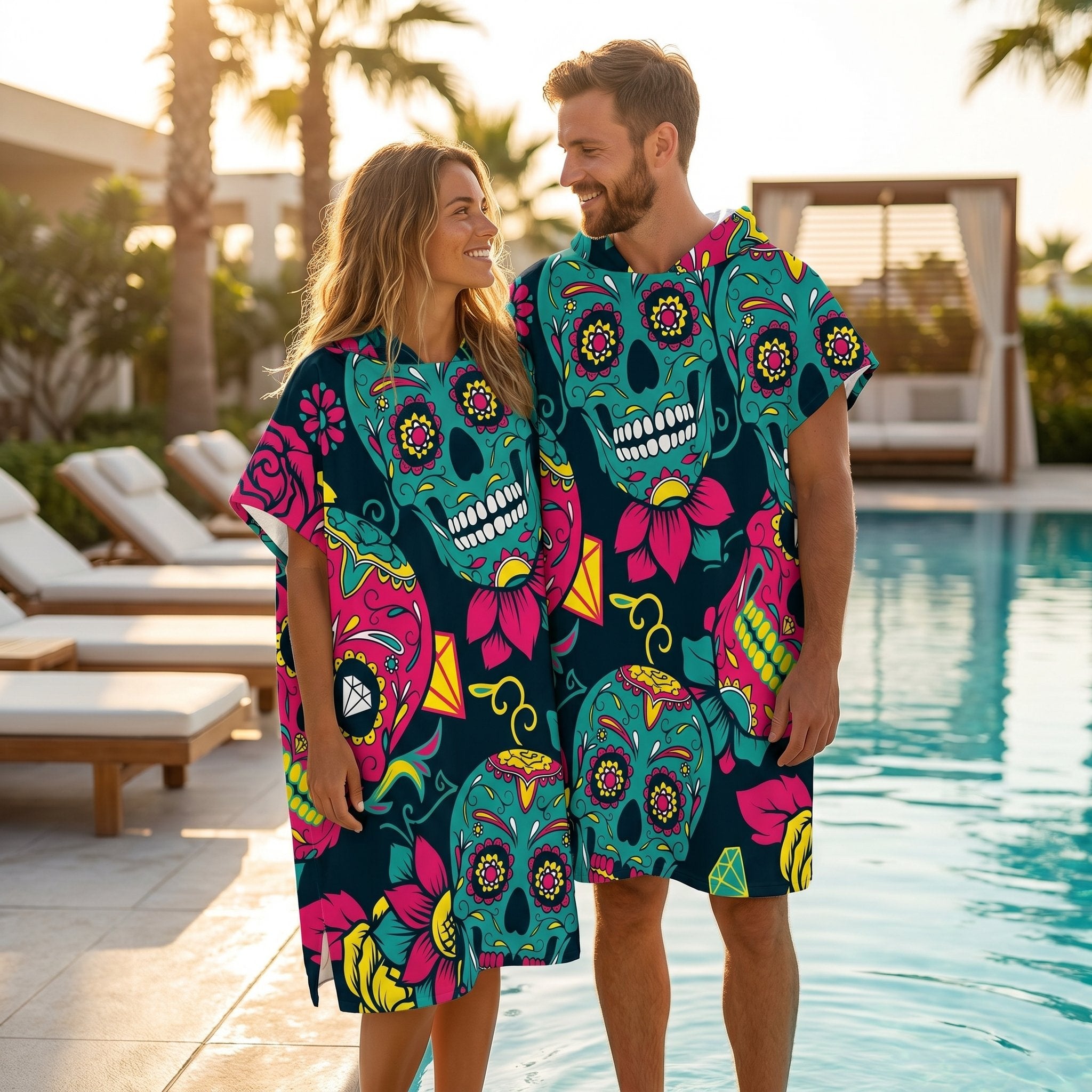 Poncho serviette à capuche adulte Crânes mexicains porté au bord de la piscine