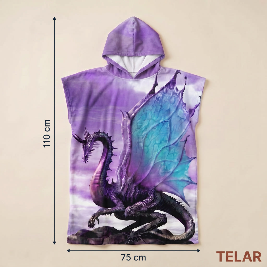Poncho serviette à capuche adulte Dragon violet : dimensions 75 x 110 cm