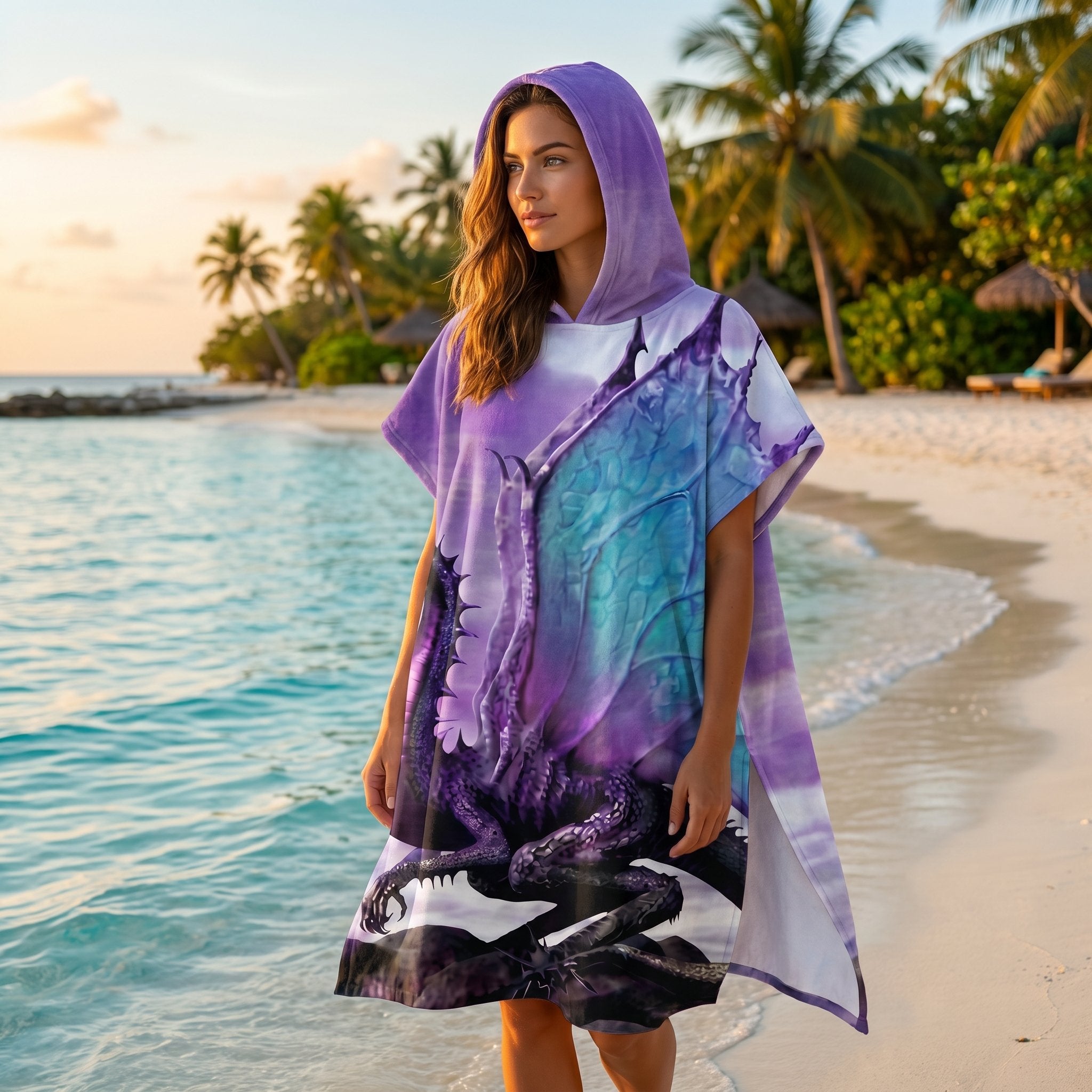 Poncho serviette à capuche adulte Dragon violet porté au bord de l'eau