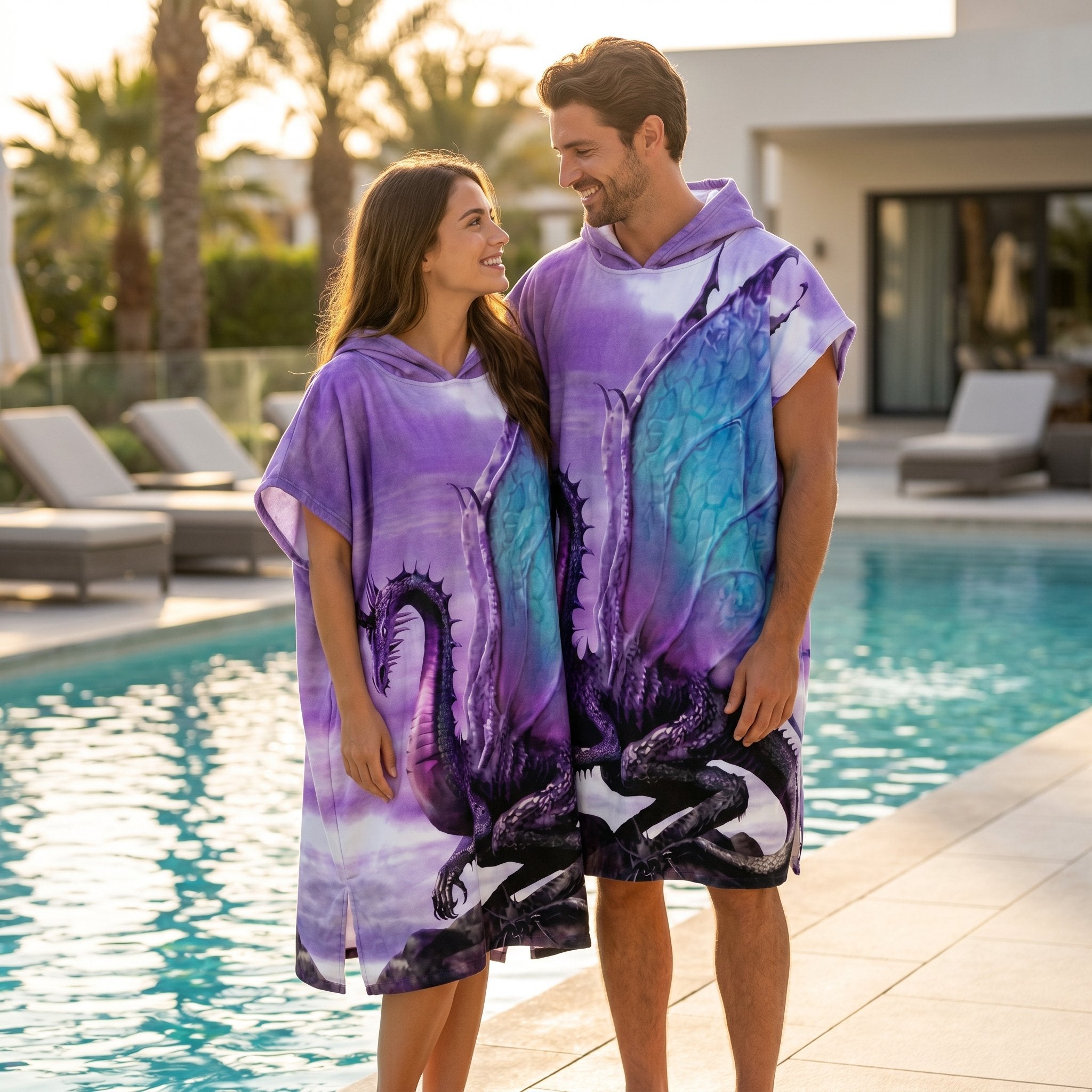 Poncho serviette à capuche adulte Dragon violet porté au bord de la piscine