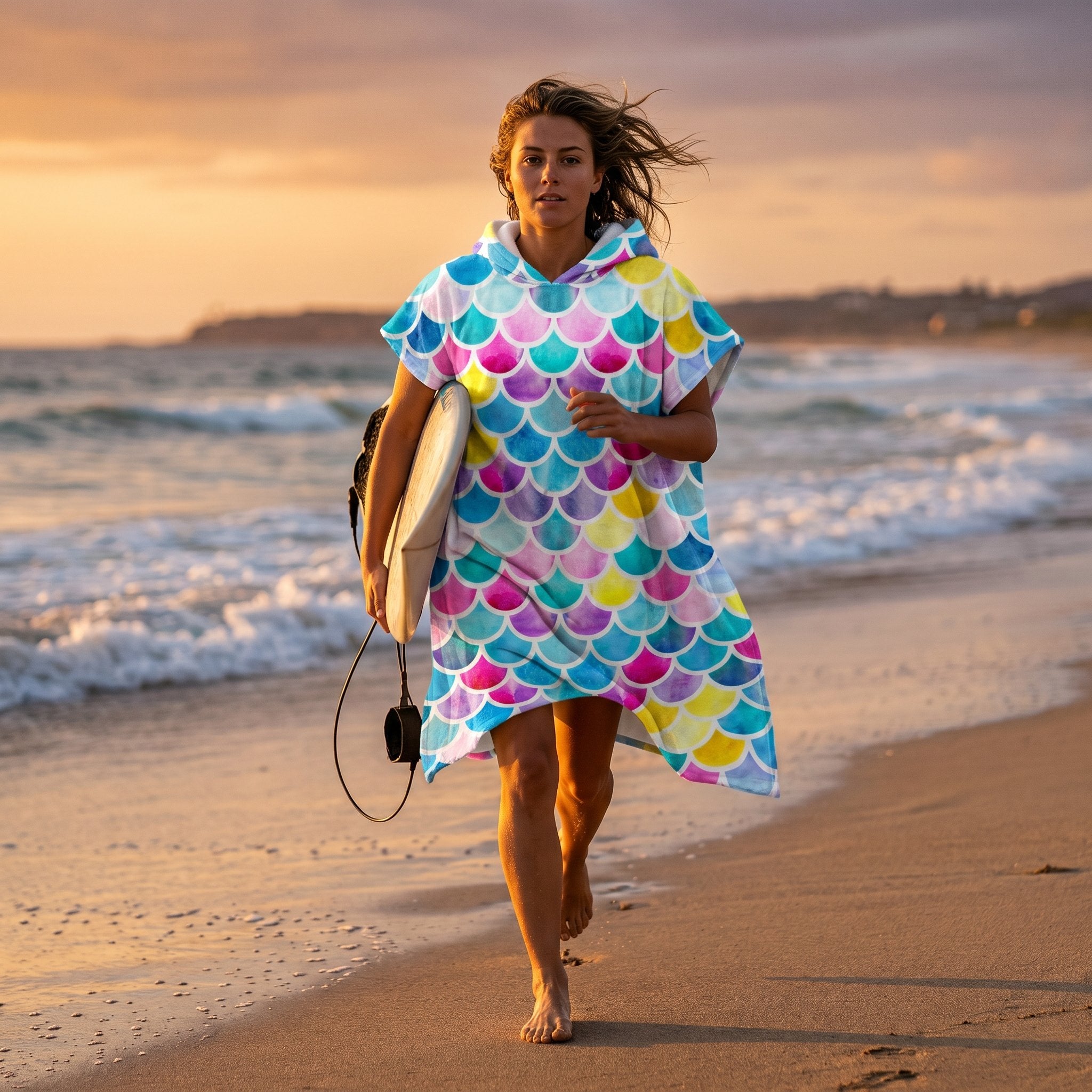 Poncho serviette à capuche adulte Écailles pastel porté à la plage