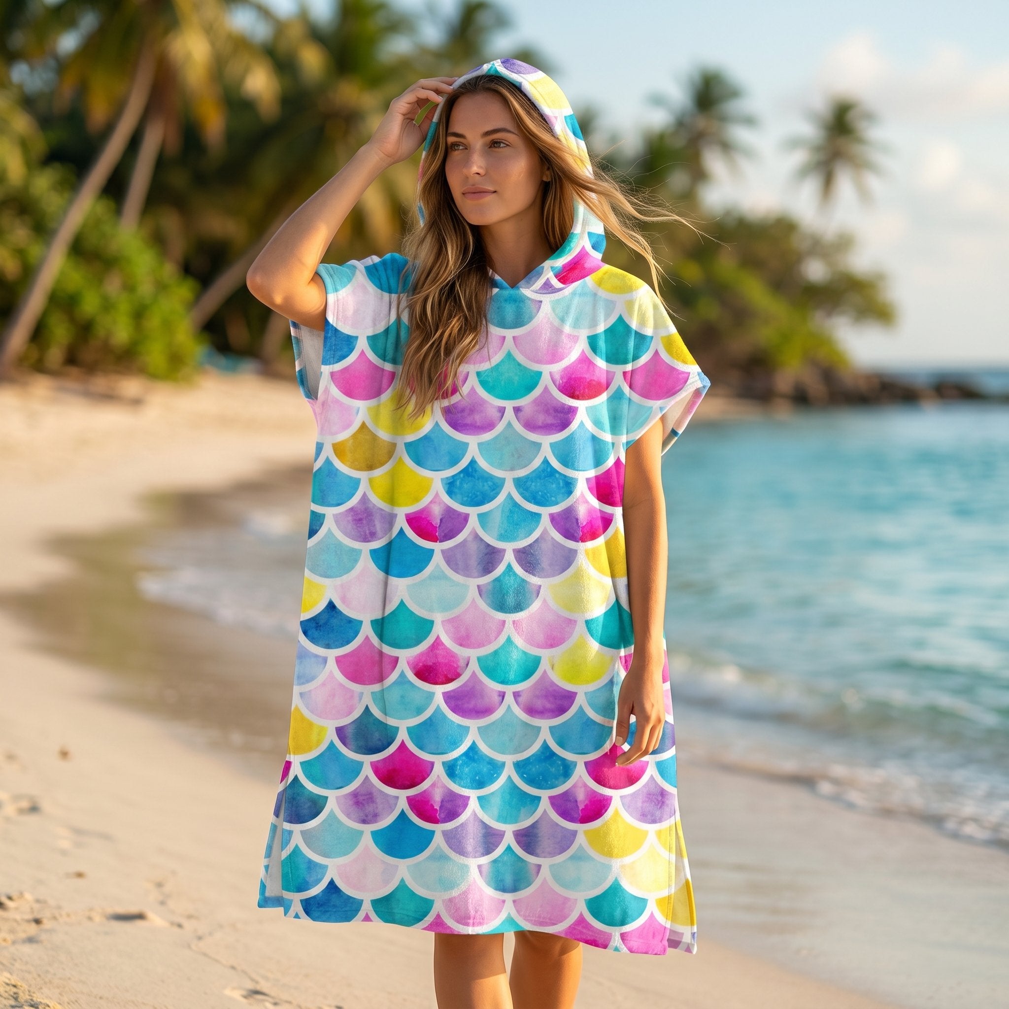 Poncho serviette à capuche adulte Écailles pastel porté au bord de l'eau