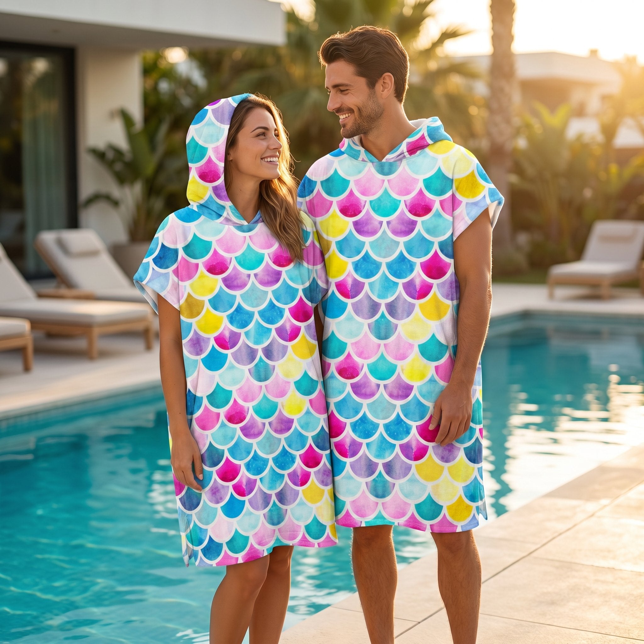 Poncho serviette à capuche adulte Écailles pastel porté au bord de la piscine