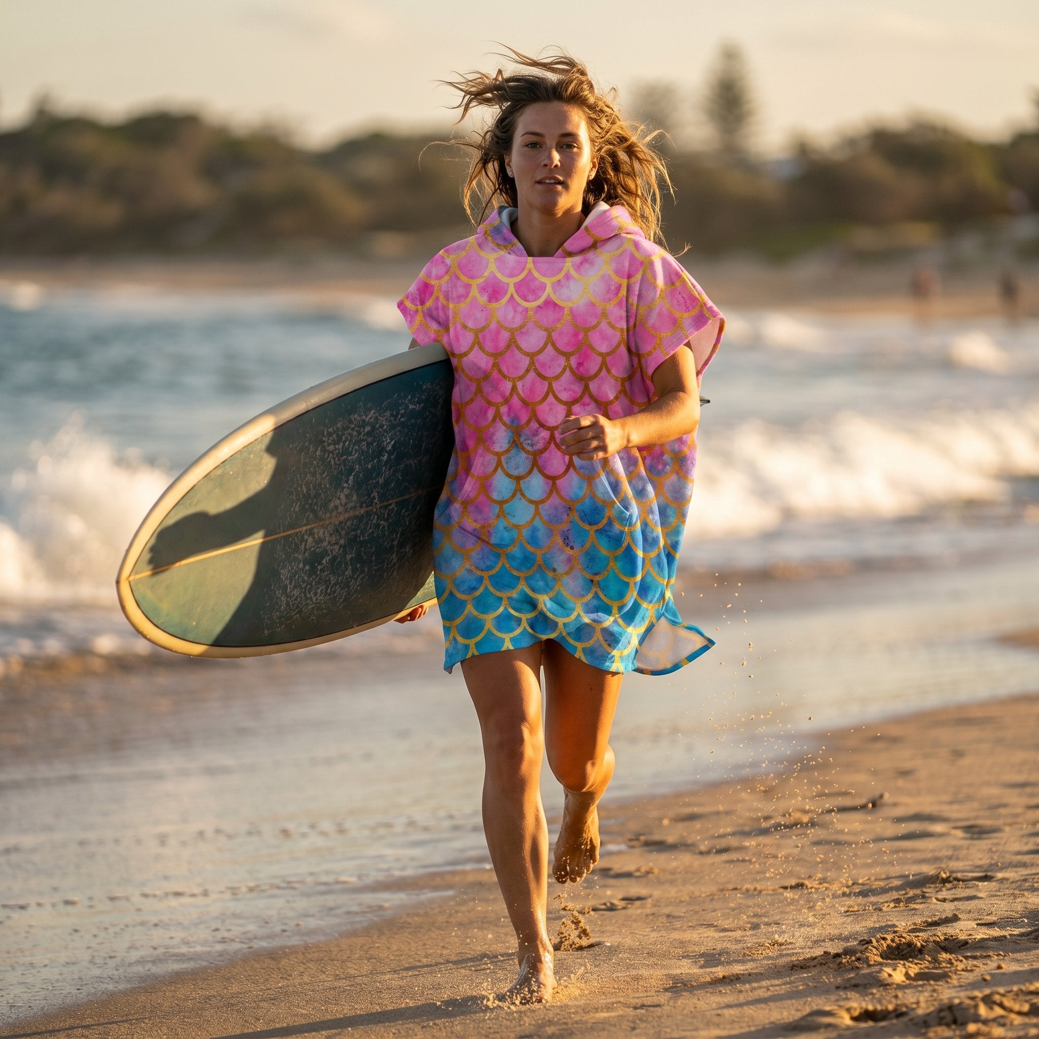 Poncho serviette à capuche adulte Écailles rose et bleu porté à la plage