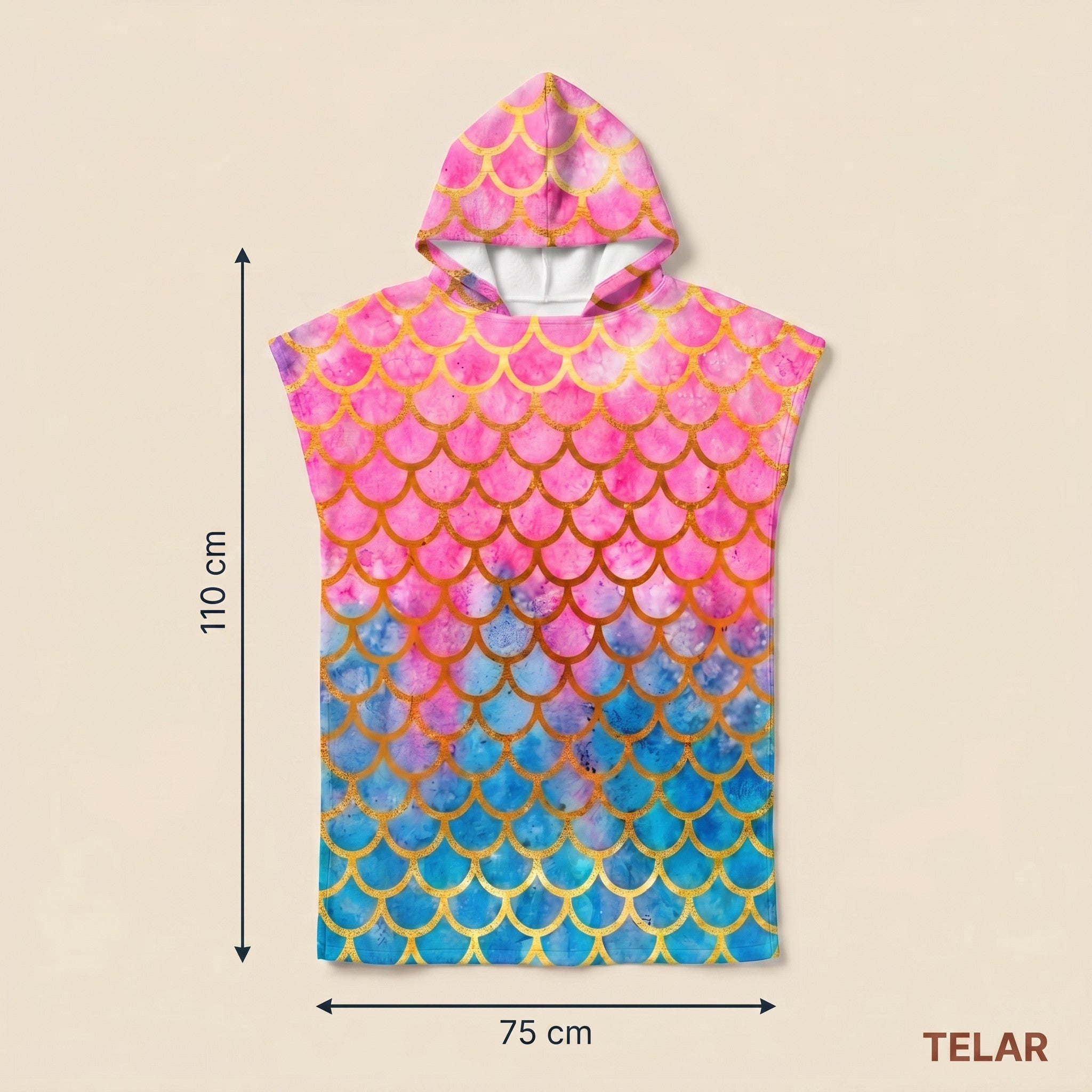 Poncho serviette à capuche adulte Écailles rose et bleu : dimensions 75 x 110 cm